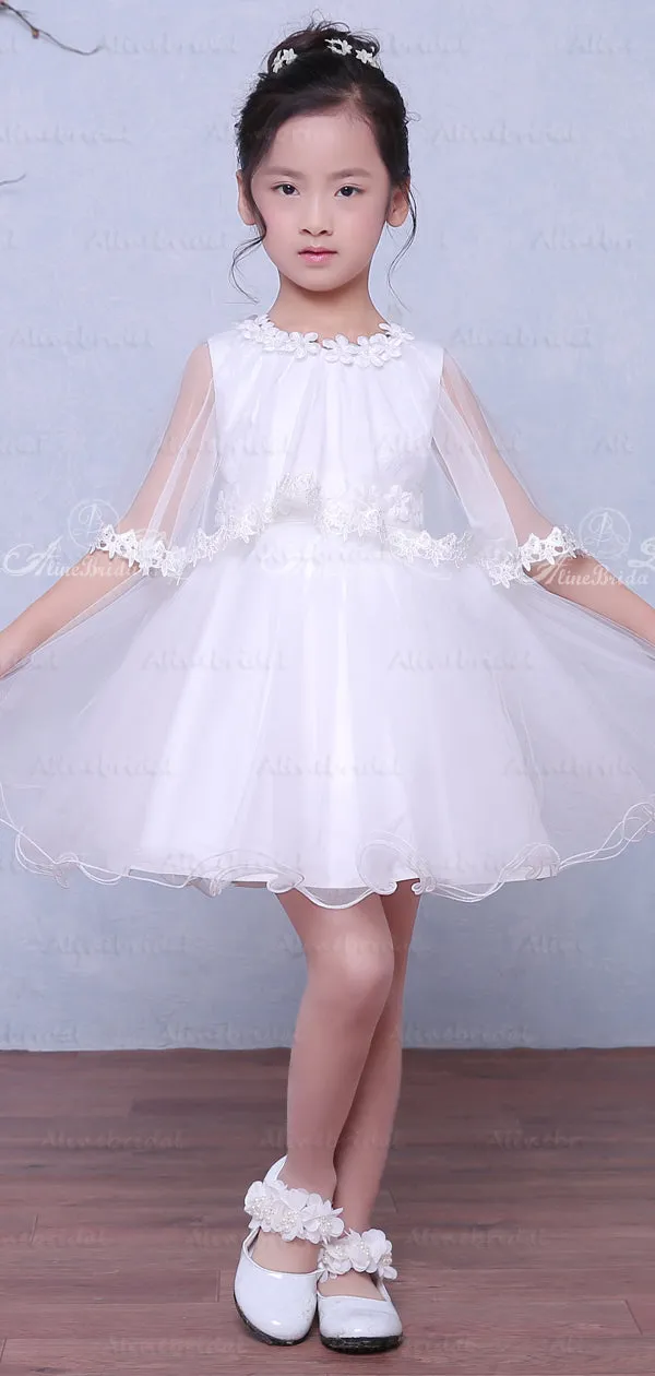 White Tulle Simple Flower Girl Dresses With Cape, FGS030