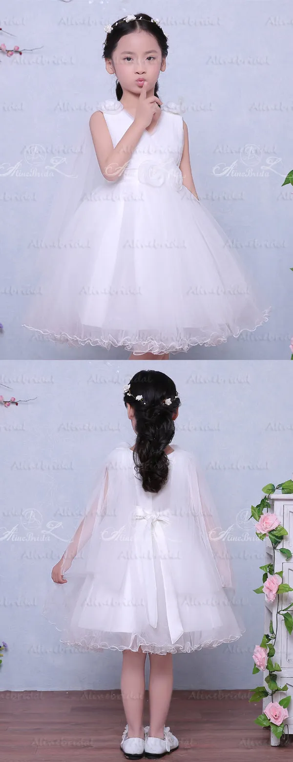 White Tulle V-neck Sleeveless Handmade Flower Simple Flower Girl Dresses , FGS125