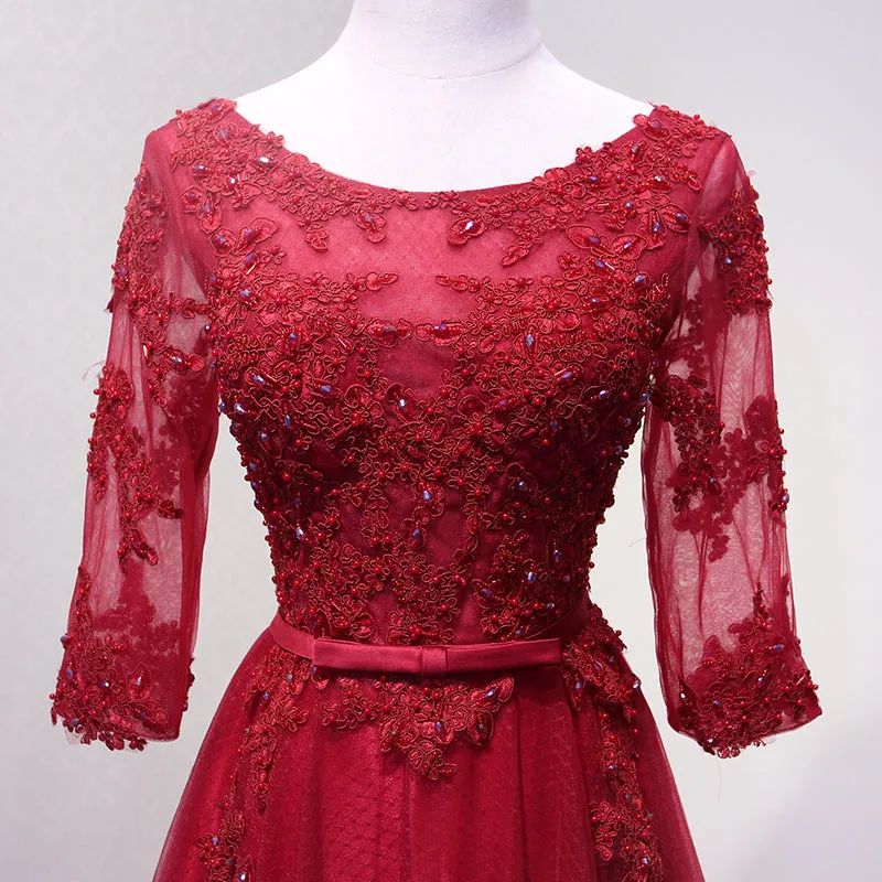 Wine Red Short Sleeves Tulle Long Formal Gown, Junior Prom Dress , Party Dress