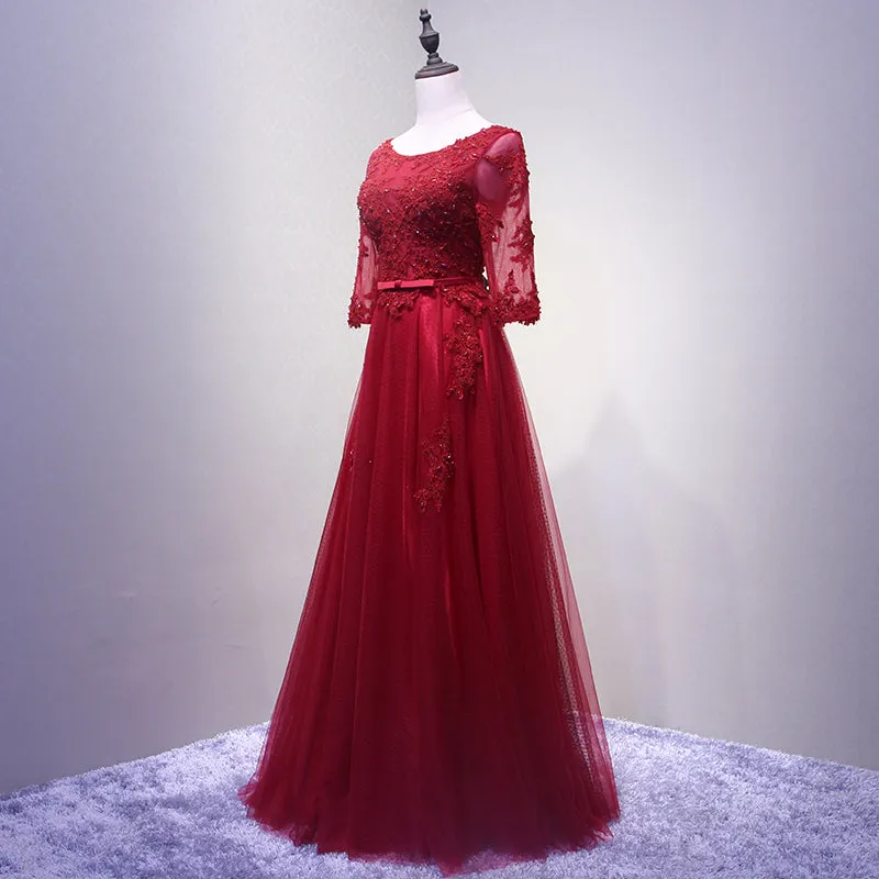Wine Red Short Sleeves Tulle Long Formal Gown, Junior Prom Dress , Party Dress