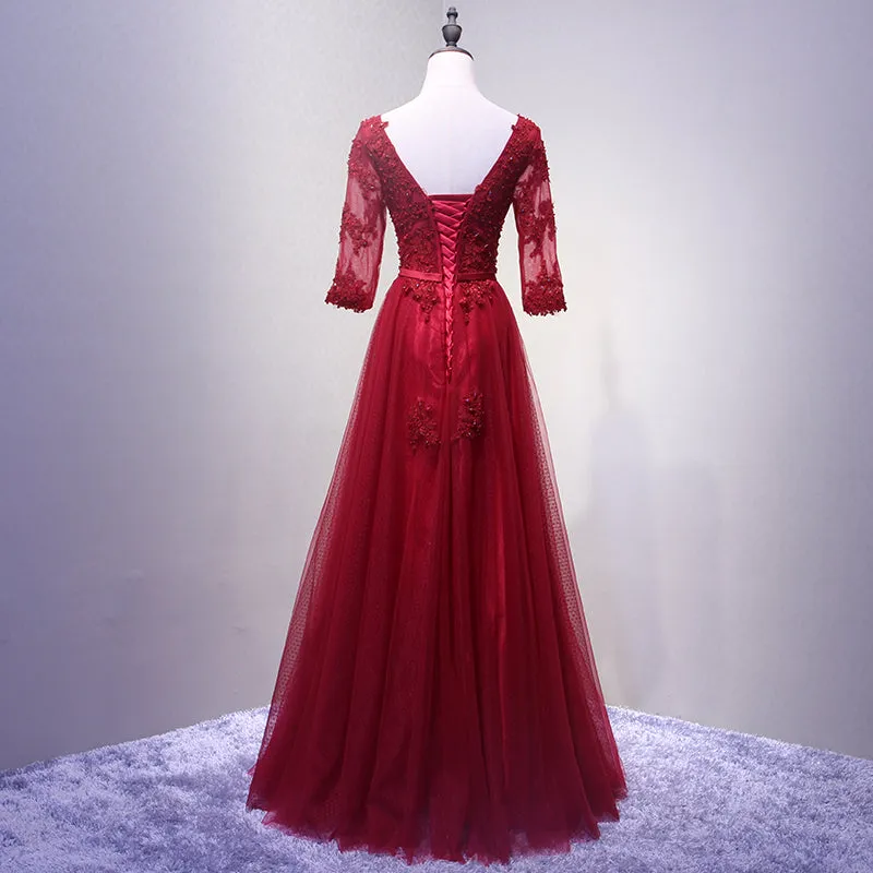 Wine Red Short Sleeves Tulle Long Formal Gown, Junior Prom Dress , Party Dress