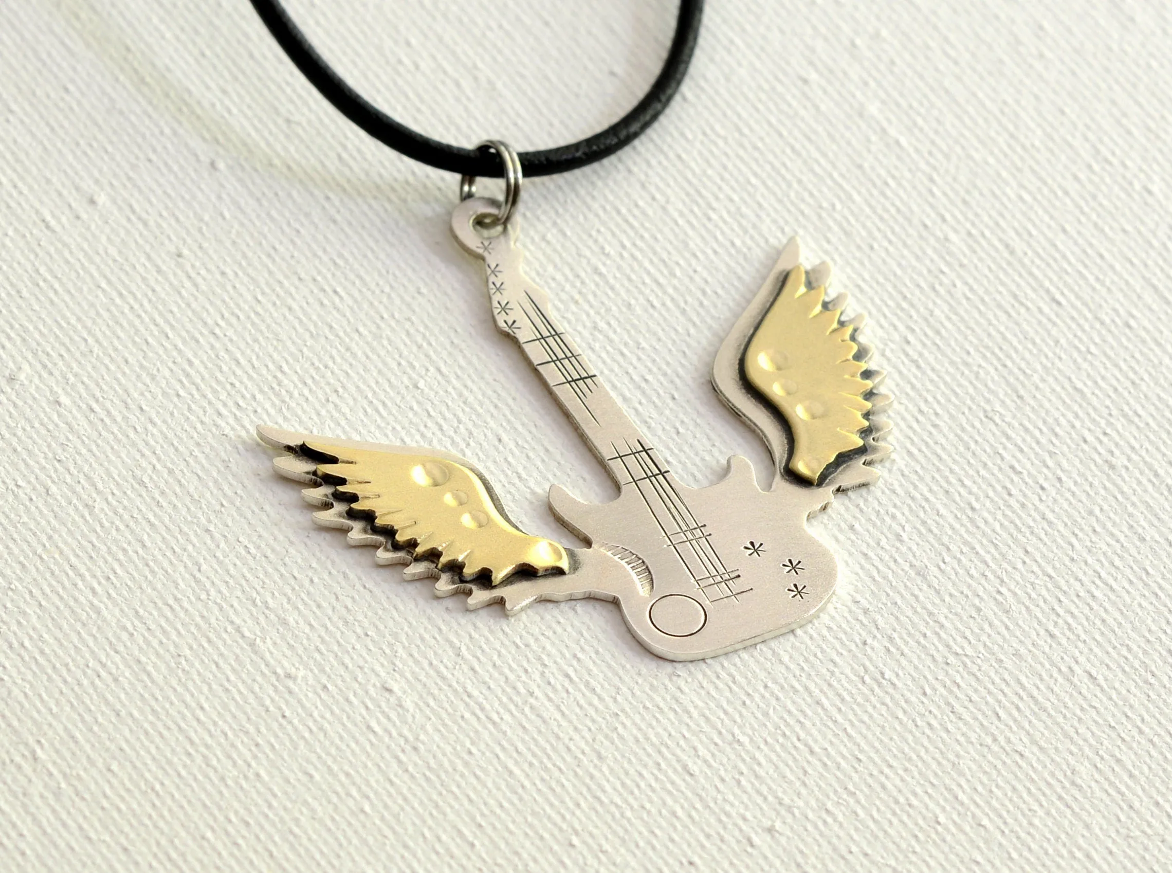 Winged guitar sterling guitar necklace with brass wings