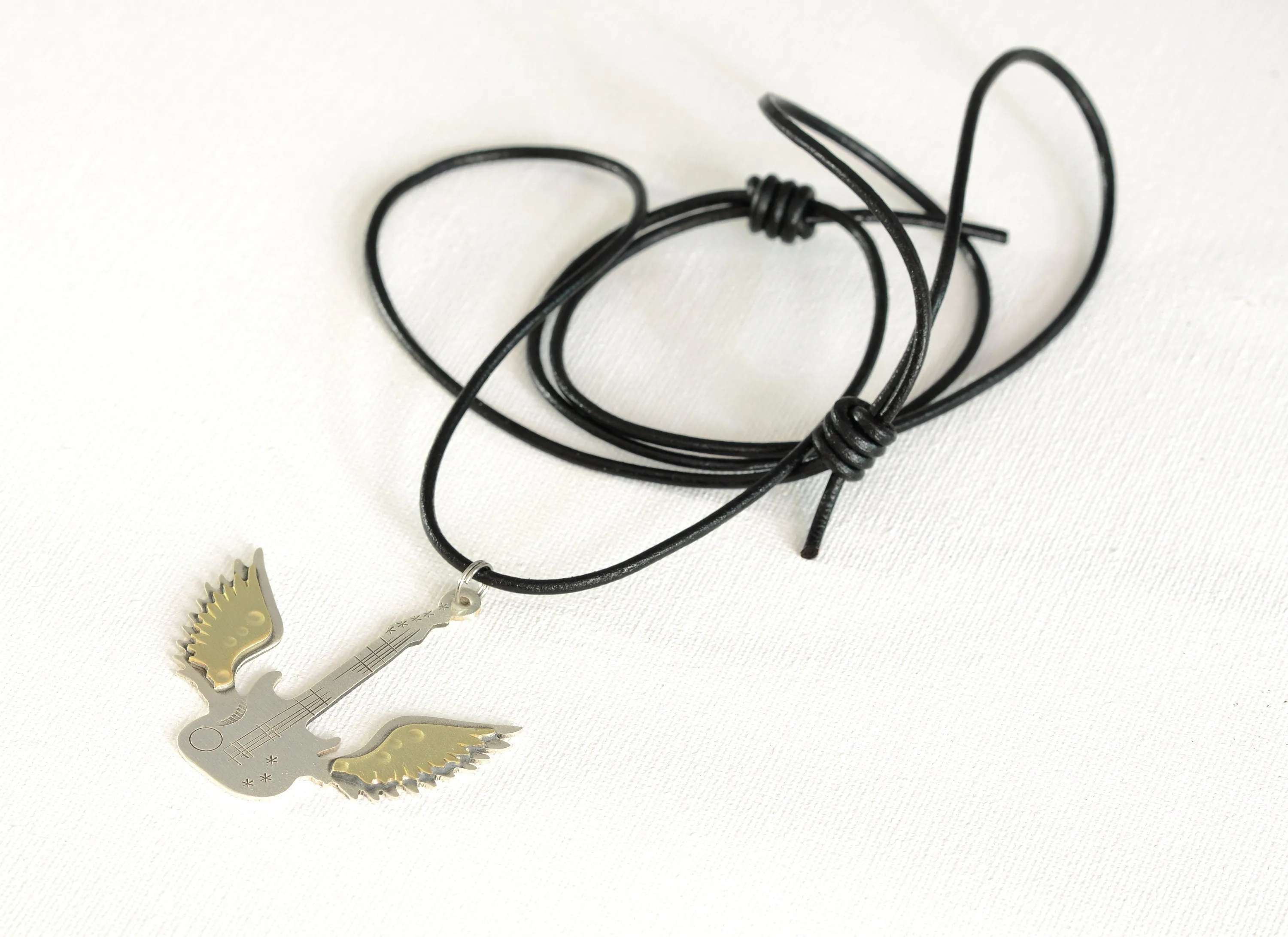 Winged guitar sterling guitar necklace with brass wings