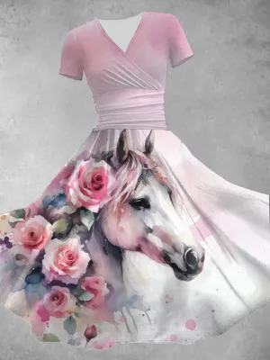 Women's Derby Horse Print V-Neck Short Sleeve Vintage Midi Dress Derby Dress