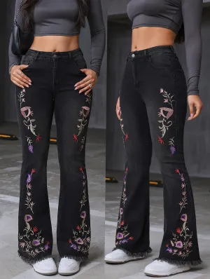 Women's Floral Embroidered Flare Leg Pants – Mid-Waist Skinny Fit with Medium Stretch