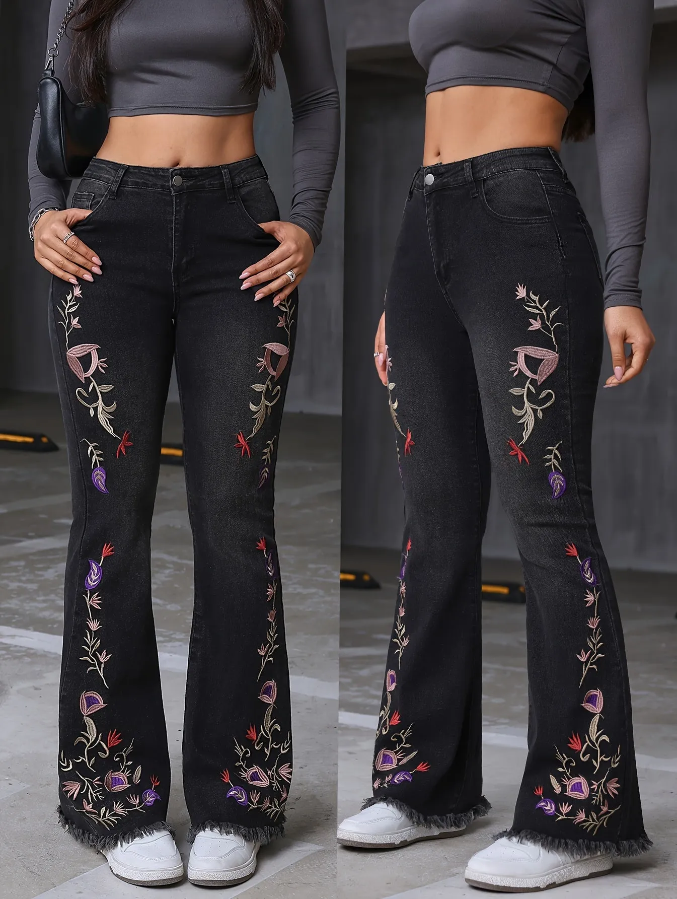 Women's Floral Embroidered Flare Leg Pants – Mid-Waist Skinny Fit with Medium Stretch