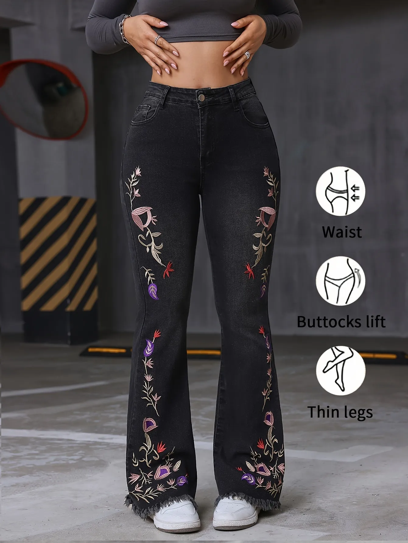 Women's Floral Embroidered Flare Leg Pants – Mid-Waist Skinny Fit with Medium Stretch