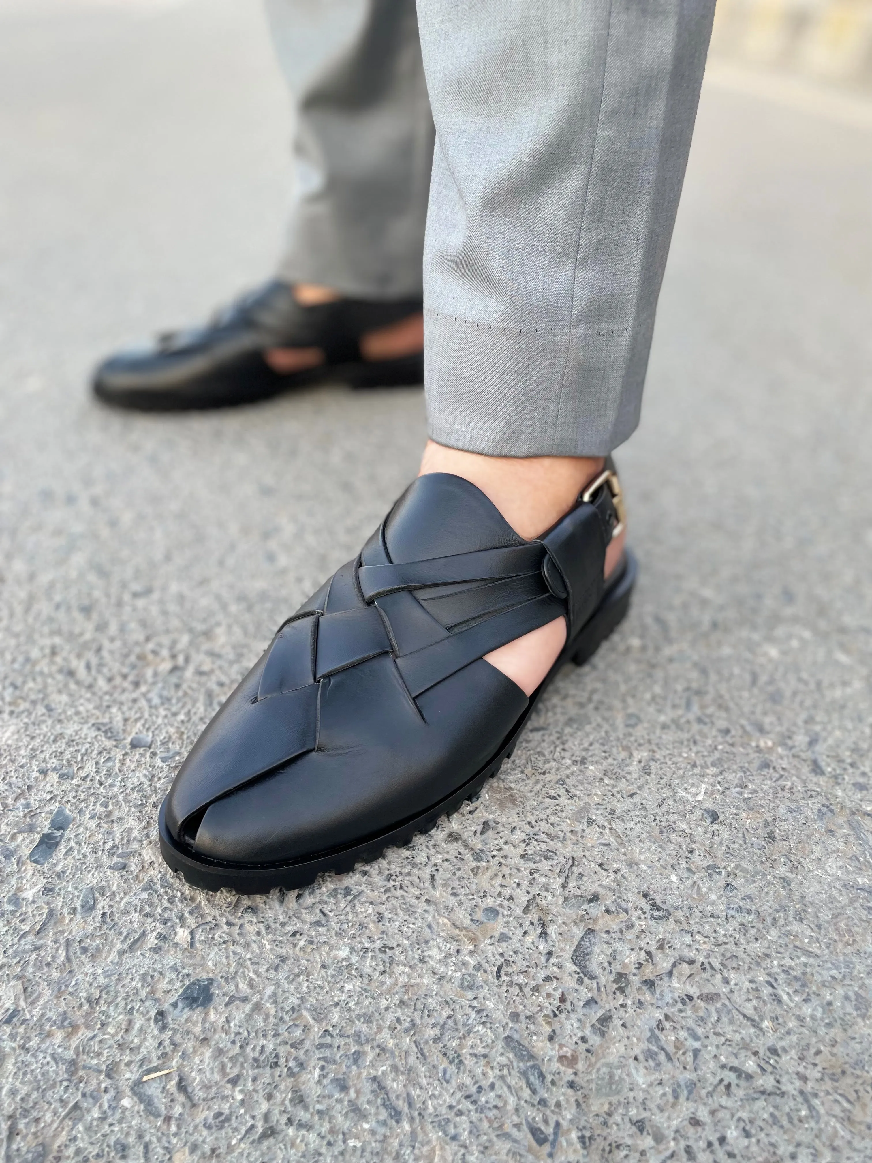 WS Pure leather Handmade Peshawari Sandal WS-374 black