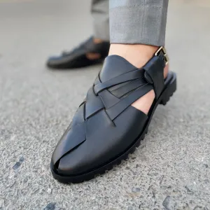 WS Pure leather Handmade Peshawari Sandal WS-374 black