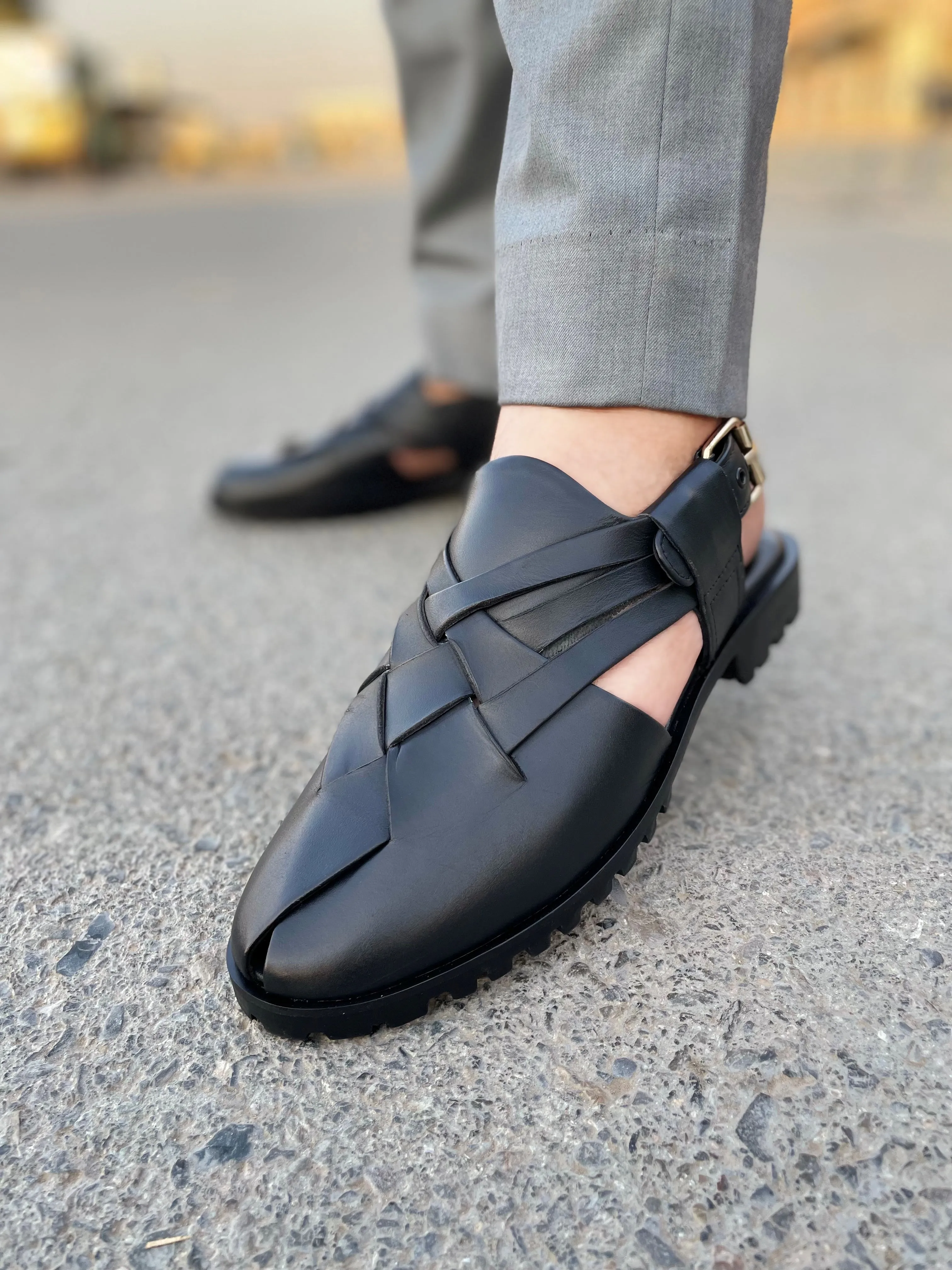 WS Pure leather Handmade Peshawari Sandal WS-374 black