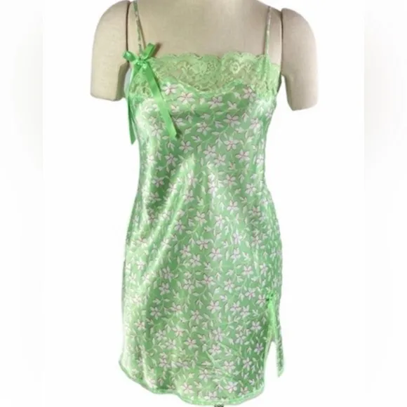 Y2K Victoria's Secret Angels Chemise Slip Dress Size Small Green Floral Lace