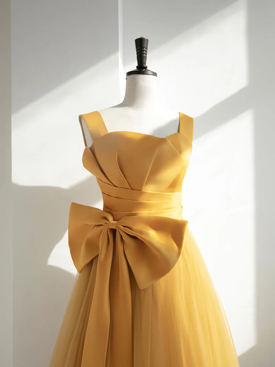 Yellow A line tulle formal dress simple yellow evening dress