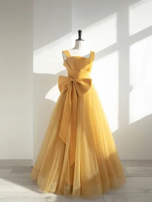 Yellow A line tulle formal dress simple yellow evening dress
