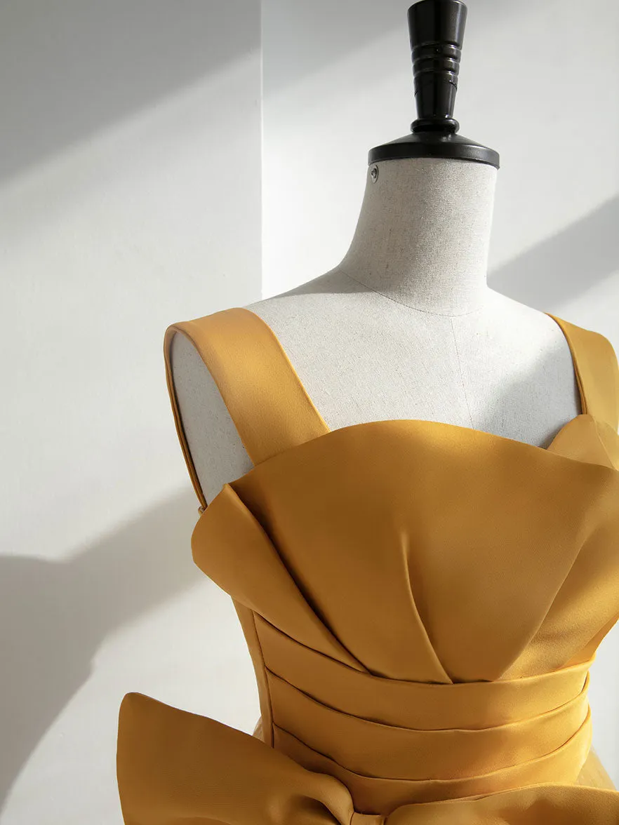 Yellow A line tulle formal dress simple yellow evening dress