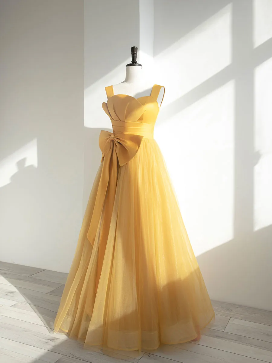 Yellow A line tulle formal dress simple yellow evening dress