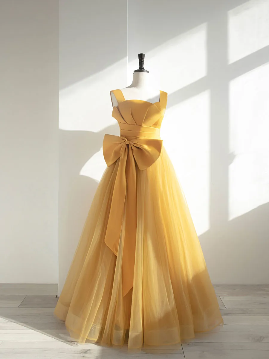 Yellow A line tulle formal dress simple yellow evening dress