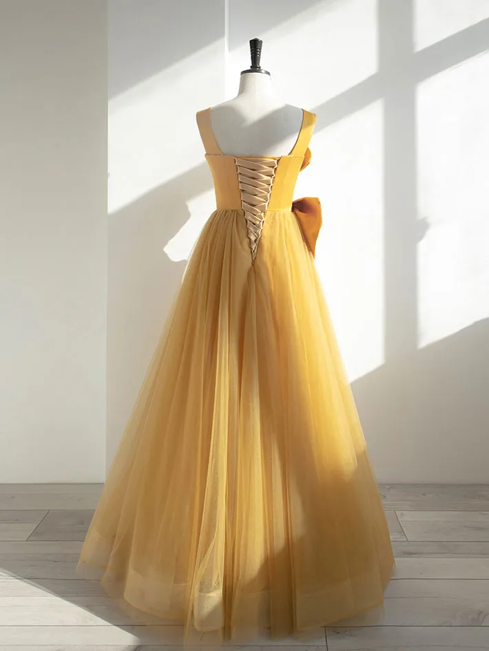 Yellow A line tulle formal dress simple yellow evening dress