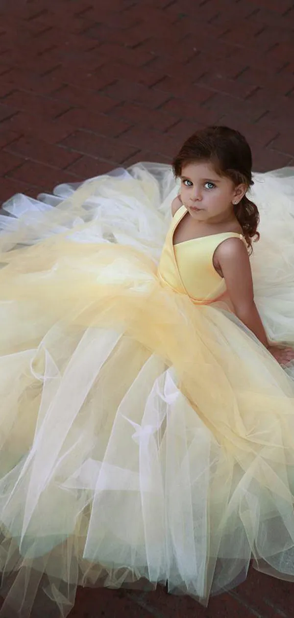 Yellow Satin V-neck Tulle Ball Gown Simple Flower Girl Dresses, FGS117
