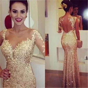 Yellow Sexy Mermaid Long Sleeve Shinning Long Prom Dresses, BG51242
