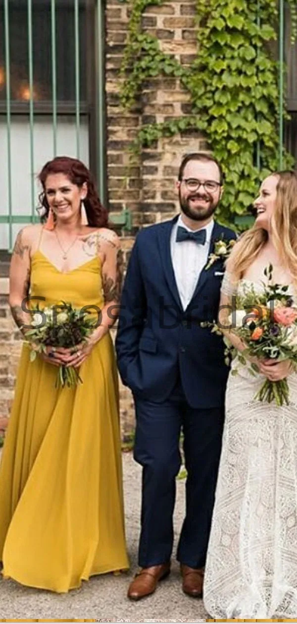 Yellow Spaghetti Straps Simple A-line  Bridesmaid Dresses WG678