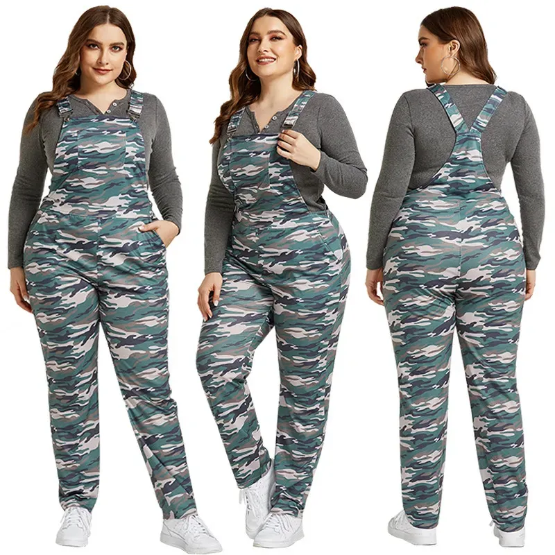 Zane Plus Size Camo Print Straight Leg Overalls