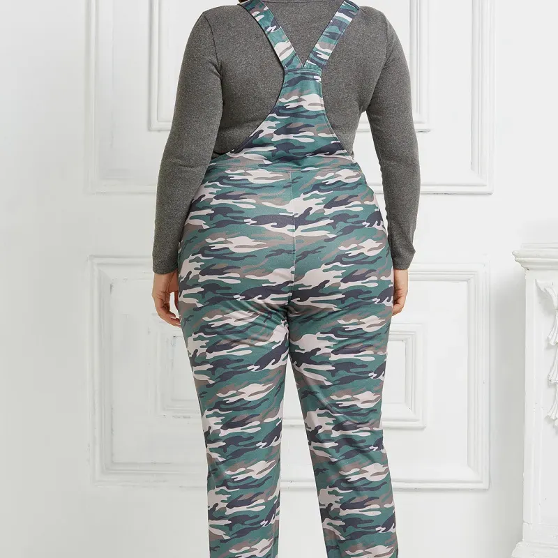 Zane Plus Size Camo Print Straight Leg Overalls