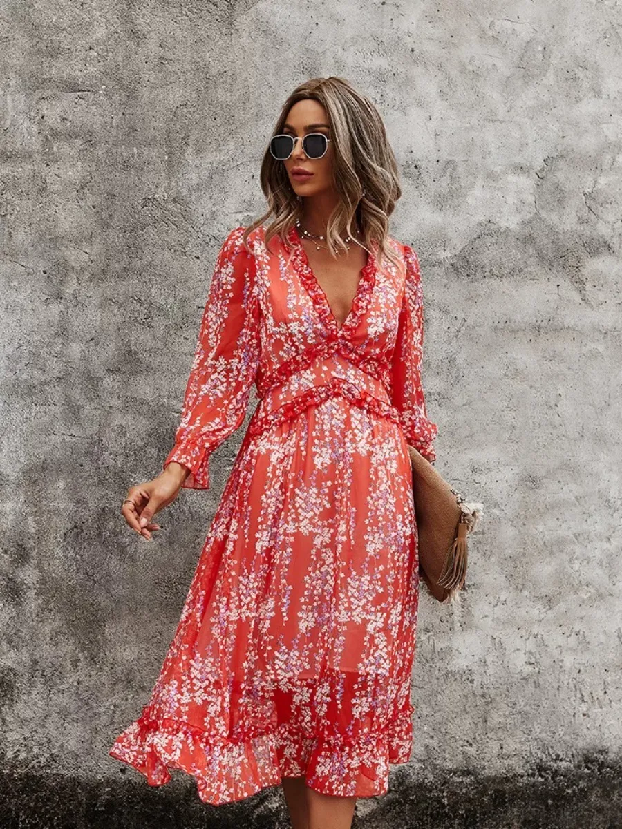 Zarnish Midi Dress - Red Print