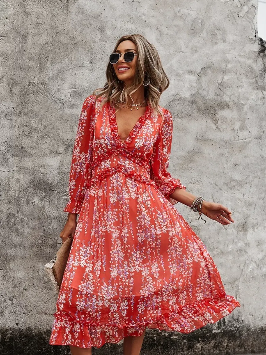 Zarnish Midi Dress - Red Print
