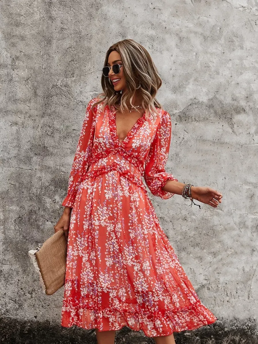 Zarnish Midi Dress - Red Print