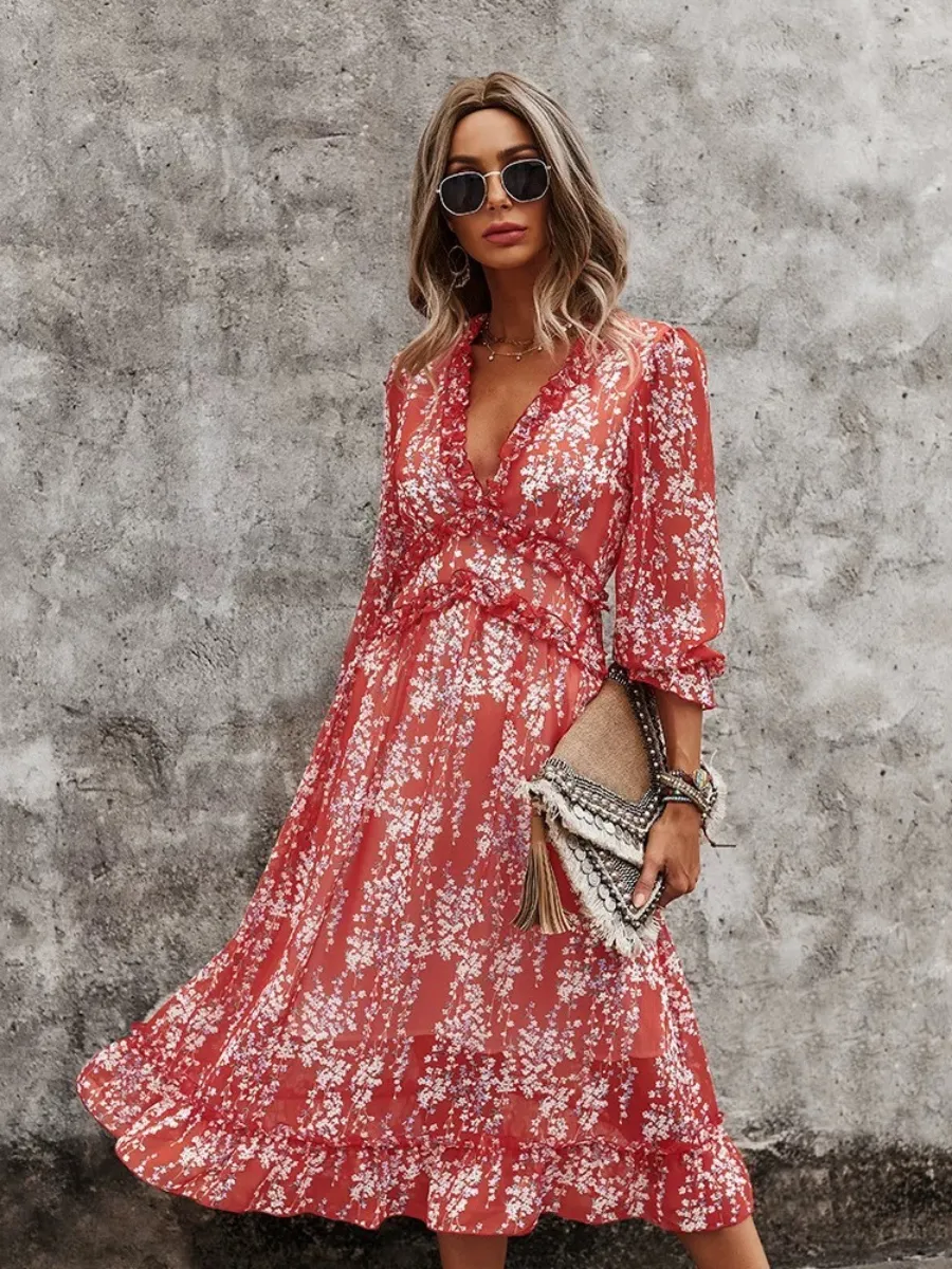 Zarnish Midi Dress - Red Print